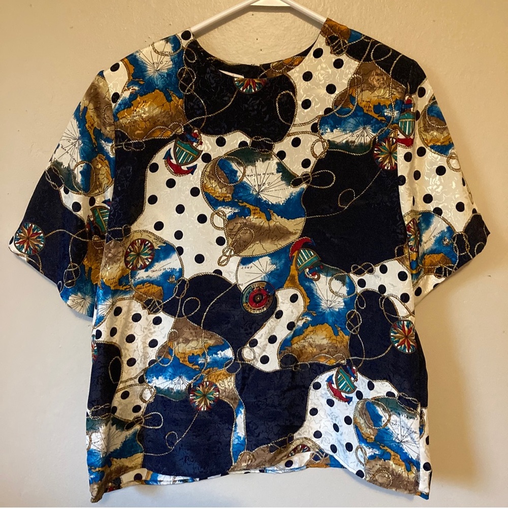 Vintage Eva laurel New York women’s blouse size large nautical theme maps anchor